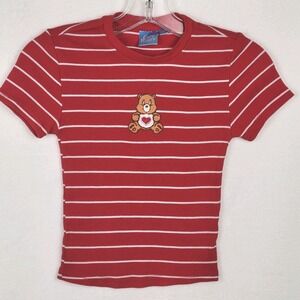 Care Bears Y2K Red Striped Ribbed Baby Tee XS Tenderheart Bear Embroidered